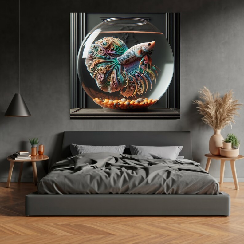 May include: A colorful betta fish with flowing fins swims in a glass bowl with orange and yellow pebbles at the bottom. The bowl is on a dark wooden shelf against a gray wall.