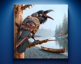 Haida First Nations Inspired Black Raven Wall Art Unique Abstract Raven Pacific Northwest Tribal Aesthetic Canoe PNW Lodge Cabin Decor