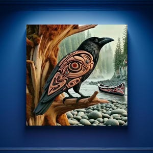 Haida First Nations Black Raven Wall Art Unique Abstract Raven Pacific Northwest Coast Salish Aesthetic Canoe Gift PNW Lodge Cabin Decor Art