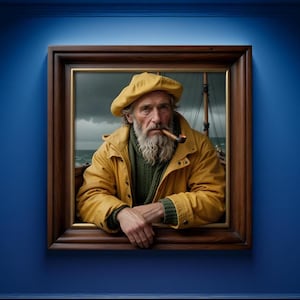 May include: A framed portrait of a man with a white beard wearing a yellow raincoat and a yellow beret. He is holding a pipe in his mouth and looking directly at the viewer. The background is a stormy sea with a ship in the distance.