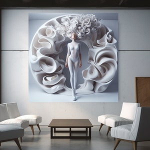 Futuristic Wall Art Abstract Female Canvas Wall Art Biomorphic White Decor Fine Art Abstract Office Art Wall Mystic Image Wall Decor Japandi