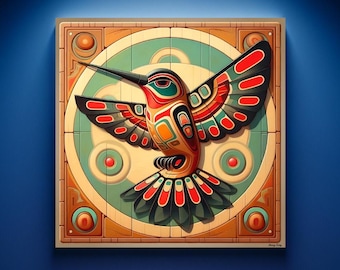First Nations Hummingbird Abstract Pacific Northwest Mid-Century Oil Paint Wood Panel Render PNW Haida Formline Lodge Cabin Gift Shop Art