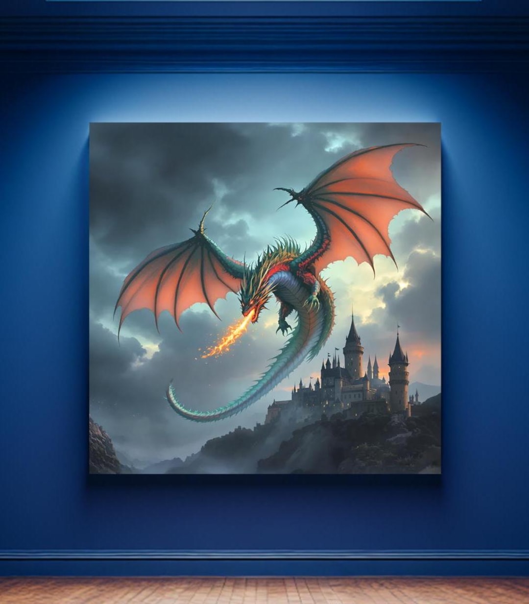 Dragon Fantasy Wall Art Dragon in Flight Medieval Castle Fire Breathing ...