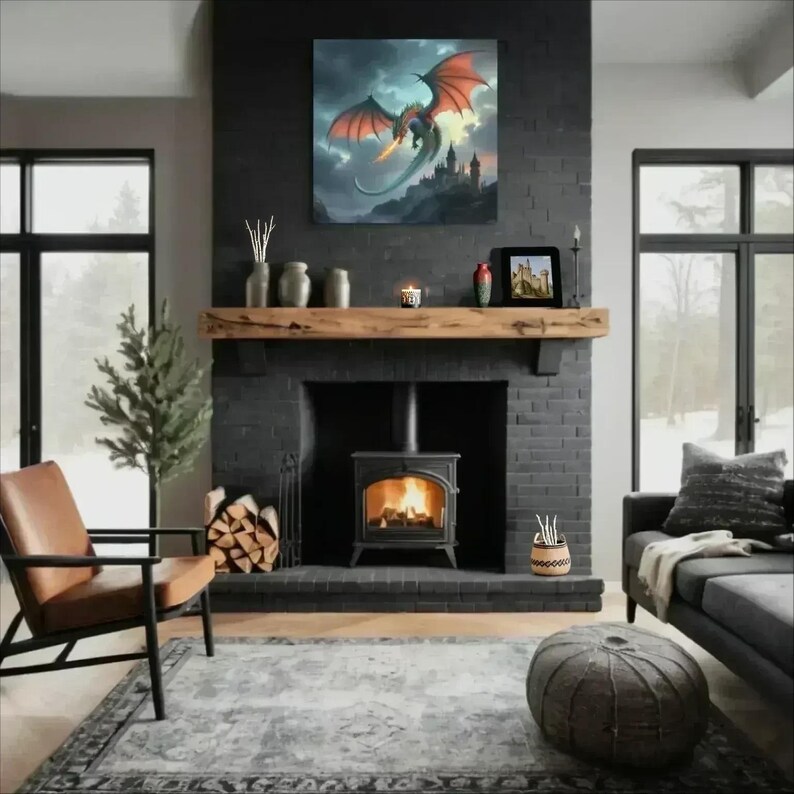 Dragon Fantasy Wall Art Dragon in Flight Medieval Castle Fire Breathing ...
