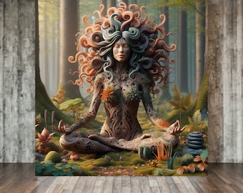 Mother Nature Gaia Cottagecore Muted Colors Canvas Wall Art Gift For Her Abstract Gaia Decor Yoga Namaste Gift Woodland Polymer Clay Effect