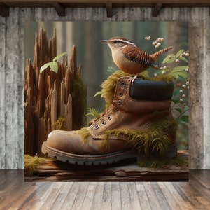 May include: A brown leather work boot with green moss growing on it. A small brown bird with a long tail is perched on the boot.