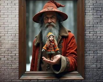 Elf Santa Shaman Wall Art Fun 3D Unique Optical Illusion Wood Elf Winter Nordic Santa Claus Snow Scene *Frame Is Part Of The Image Not Real*