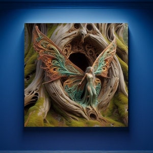 May include: A fairy with iridescent wings emerges from a tree trunk with intricate carvings. The wings are a mix of green, blue, and brown, and the fairy is wearing a green dress. The background is a mossy forest.