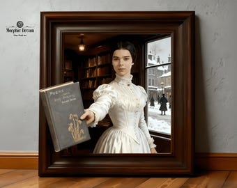 May include: A framed artwork featuring a woman in a white dress holding a book titled "Poems by Emily Dickinson, Second Series." The artwork is set within a dark brown wooden frame, with a snowy street scene visible through a window.