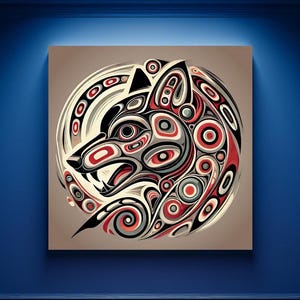 First Nations Wolf Abstract Pacific Northwest Pop Art Mid-Century Oil Paint Render PNW Wolf Haida Formline Bistro Lodge Cabin Gift Shop Art