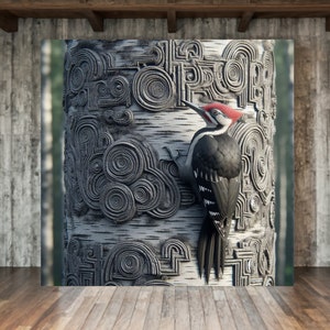 Woodpecker Wall Art Cottagecore Pileated Woodpecker Master Wood Carving Birch Tree Abstract Art Wall Art Lodge Decor Woodpecker Lover Gift
