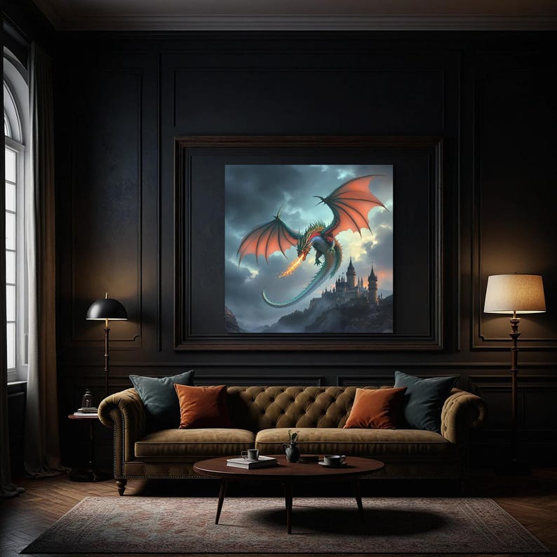 Dragon Fantasy Wall Art Dragon in Flight Medieval Castle Fire Breathing ...