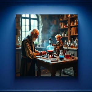 May include: An older man with a long white beard and a younger person with pointed ears are working on a potion in a glass flask. The flask is filled with a red liquid and is emitting smoke. The scene is set in a room with a wooden table and shelves filled with bottles and jars.