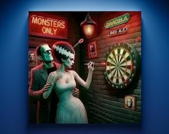 Frankenstein Darts Wall Art Frank & Bride 'Closing Time' Fun Classic Monster Art Dart Room Bar Coffee Shop Decor Dark Academia Goth Gift Art