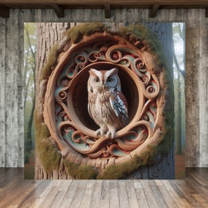 Owl Wall Art Cottagecore Screech Owl Abstract Art Canvas Muted Colors Hollow Tree Cavity Carved Wood Surround Woodland Art Owl Lover Gift