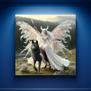 Black Wolf White Fairy Wall Art Magical Fantasy Forest Wildlife Fairies Wolves Cottagecore Muted Color Eclectic Boho Crystal Gift Shop Decor