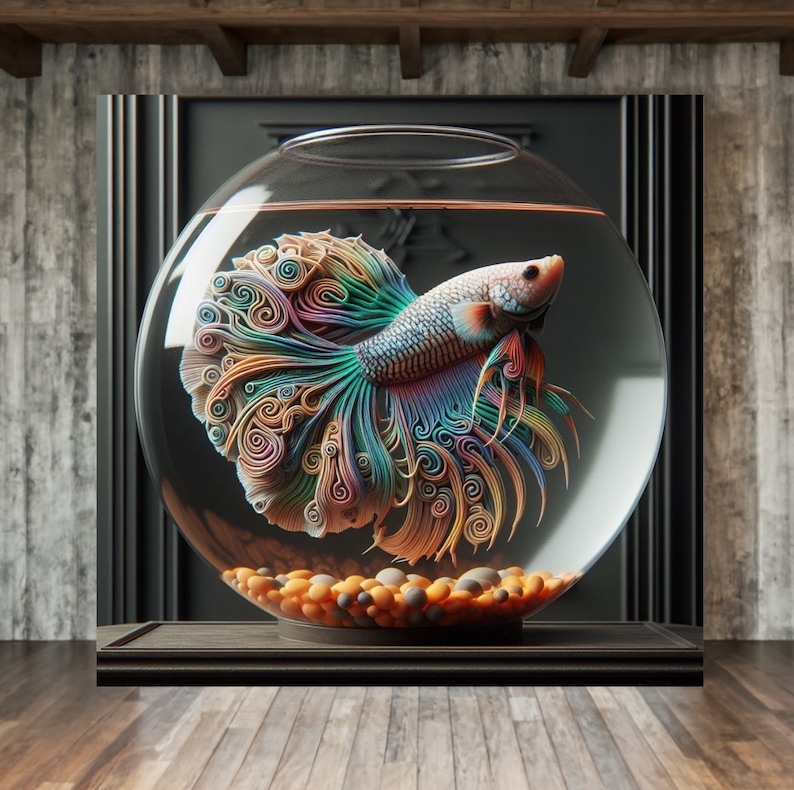 May include: A colorful, iridescent betta fish with long, flowing fins is swimming in a clear glass bowl. The fish is surrounded by small, round, orange and brown pebbles.