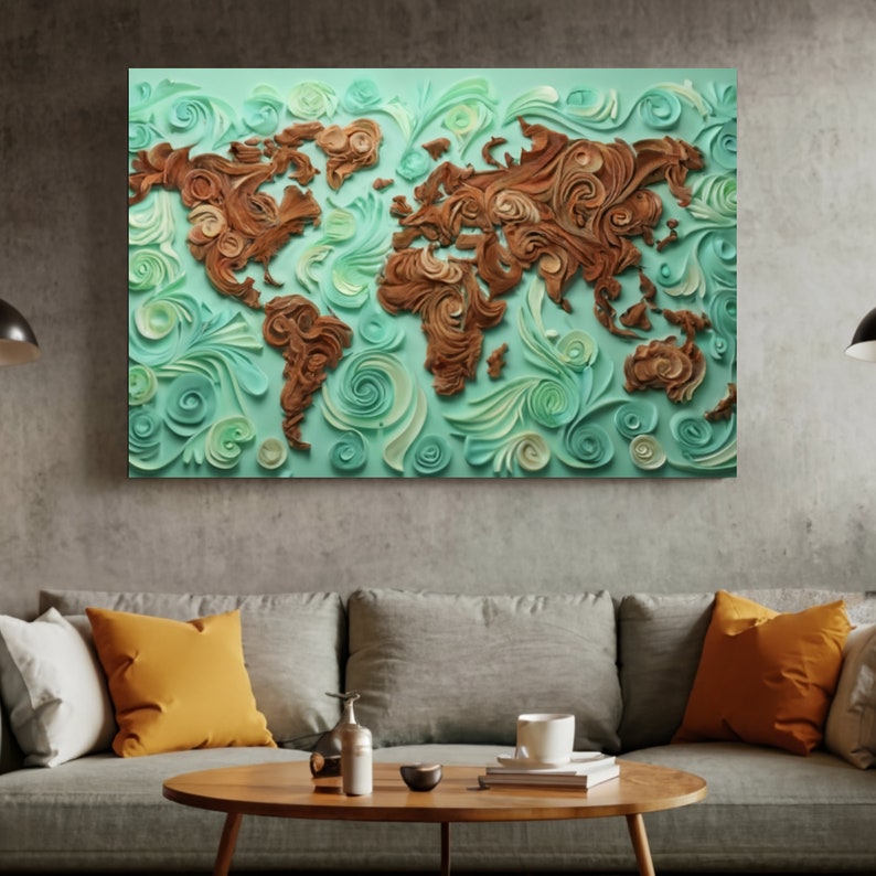 Quilled World Map Cottagecore Wall Art Canvas Print Paper Qulling
