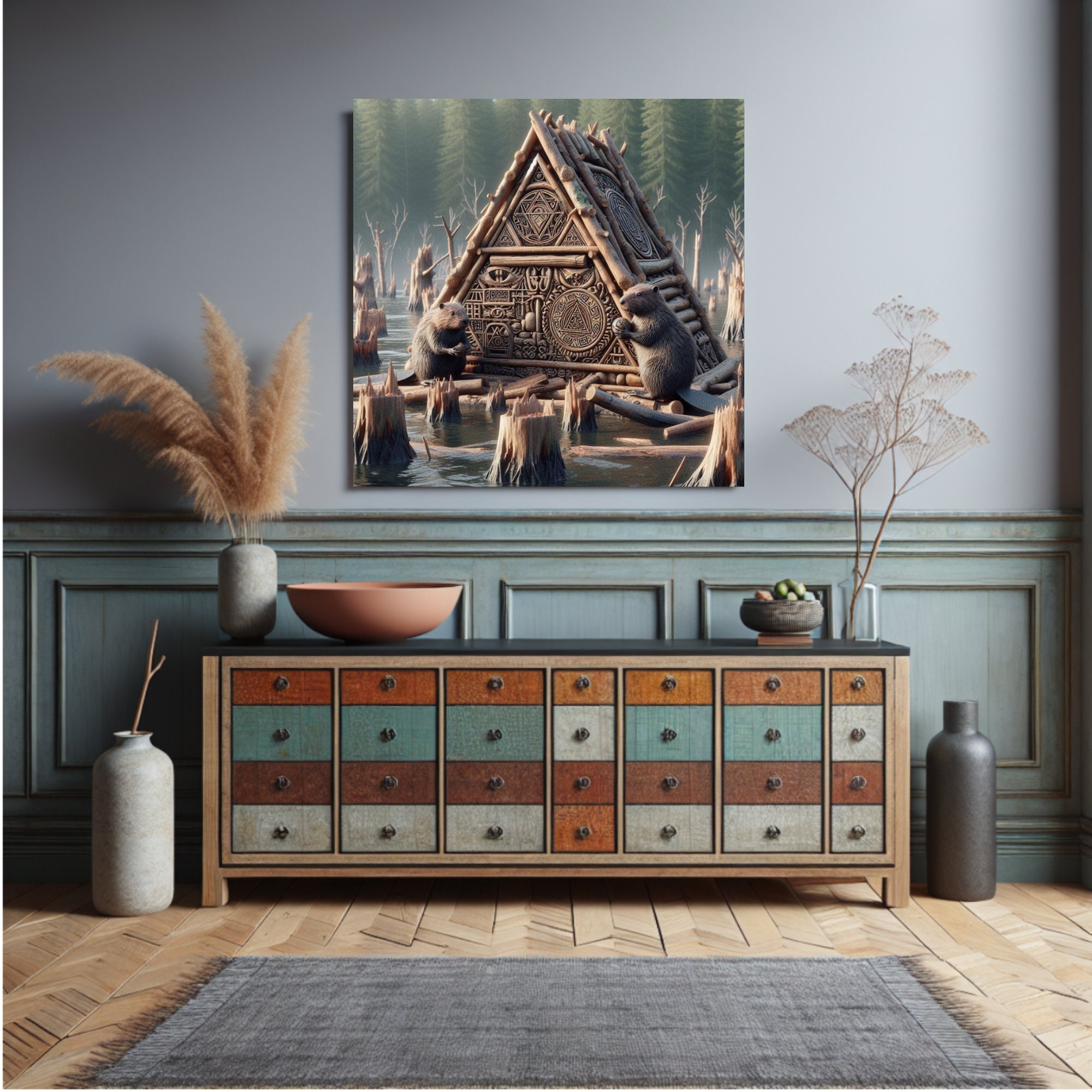 Beaver Lodge Wall Art Cottagecore Abstract Canvas Print Wood Carving ...