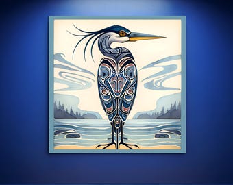 Great Blue Heron Wall Art Abstract Pacific Northwest Mid-Century Watercolor Render PNW Haida Inspired Formline Totem Gift Lodge Cabin