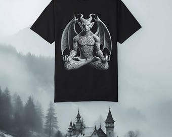 May include: Black t-shirt with a graphic print of a demon meditating with wings. The demon is white and has a detailed design.