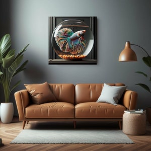 May include: A colorful betta fish swims in a glass sphere, surrounded by orange and brown pebbles. The sphere is framed in a black frame and set against a gray wall.