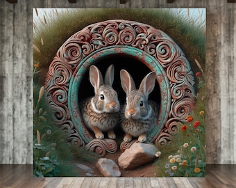 Bunny Wall Art Cottagecore Muted Colors Bunnies Two Cottontail Bunnies Gift Canvas Print Bunny Den Kid's Room Nursery Decor Valentines Gift