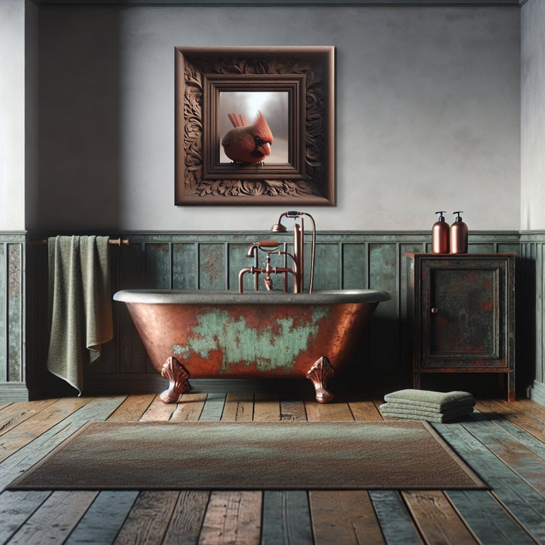 May include: A copper bathtub with claw feet sits in a bathroom with green and brown wood paneling. A framed picture of a cardinal bird hangs on the wall above the tub. Two soap dispensers are on a cabinet to the right of the tub.