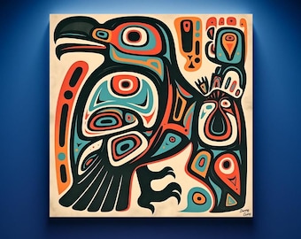 May include: A stylized illustration of a raven in a traditional Northwest Coast Indigenous art style. The raven is depicted in black, blue, green, orange, and red colors. The artwork is signed "Danny  Cousy".
