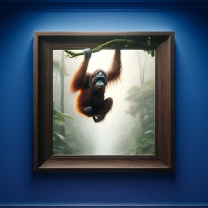 May include: A framed painting of an orangutan hanging from a branch in a misty jungle setting.