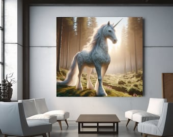 Könnte beinhalten: Ein weißes Einhorn mit komplizierten, wirbelnden Mustern auf seinem Körper steht in einem sonnenbeschienenen Wald. Das Einhorn hat eine lange, fließende Mähne und einen Schwanz, und sein Horn ist nach oben gerichtet.