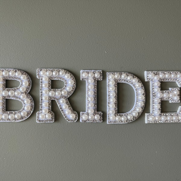 Iron on BRIDE Patch Pearl Rhinestone Letters