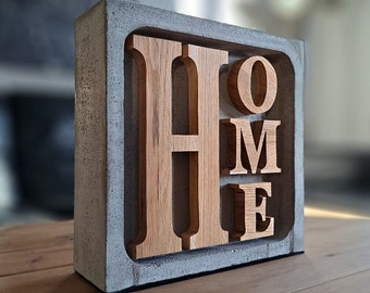 HOME Betoncube mit Eichenholz-Motiv, 30 cm breit/hoch | Holz massiv |  Geschenkidee | Betondeko | Holzdeko