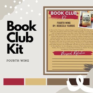 May include: Book club kit for the fantasy novel "Fourth Wing" by Rebecca Yarros. The kit features a red, tan, and brown color scheme. The text "Fourth Wing" is repeated throughout the image. The text "Personal Reflection" is also included.