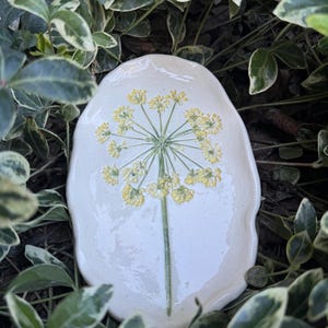 May include: A cream-colored, oval-shaped ceramic dish featuring a detailed illustration of a yellow flower with a green stem. The dish is surrounded by green and white foliage, creating a natural, garden-inspired aesthetic.