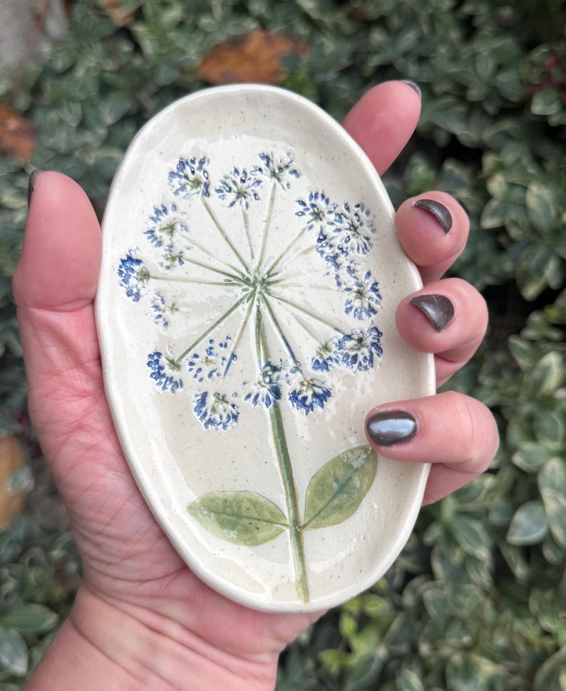 Handmade Ceramic Ring Dish: Pressed Parsley Dandelion Flower Jewelry Holder image 11
