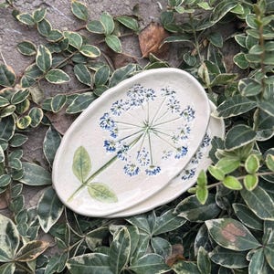 Handmade Ceramic Ring Dish: Pressed Parsley Dandelion Flower Jewelry Holder image 1