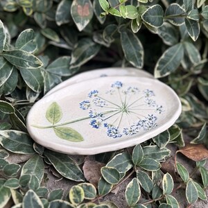 Handmade Ceramic Ring Dish: Pressed Parsley Dandelion Flower Jewelry Holder Blue