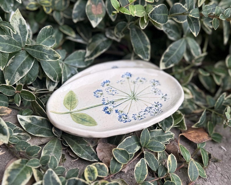 Handmade Ceramic Ring Dish: Pressed Parsley Dandelion Flower Jewelry Holder Blue
