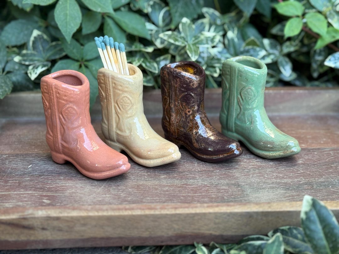 Handmade Ceramic Cowboy Boot Match Holder: Copper Patina Western Decor - Mauve
