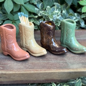 Handmade Ceramic Cowboy Boot Match Holder: Copper Patina Western Decor