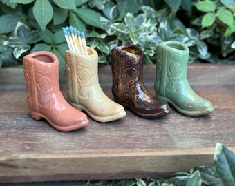 Handmade Ceramic Cowboy Boot Match Holder: Copper Patina Western Decor