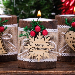 Merry Christmas Gift Candle Holder, Coworker Happy Holiday Gift,Noel Xmas New Year Candle,Wooden Tealight Holder, Christmas Table Decoration