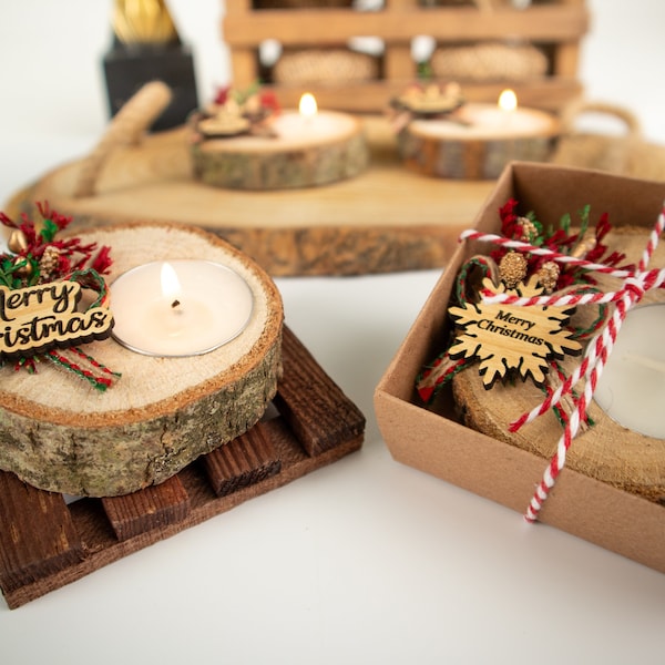 Merry Christmas Candle Holder, Coworker Happy Holiday Gifts, Noel, Xmas, New Year Candle, Wooden Tealight Holder, Christmas Table Decoration