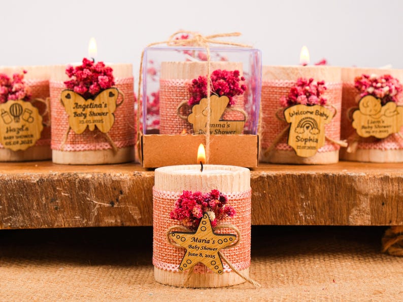 Baby Shower Favors, Handmade Wooden Candle Holder, Personalized Tealight Holder, 1st Birthday Favors, Baby Girl, Baby Boy, Baby in Bloom