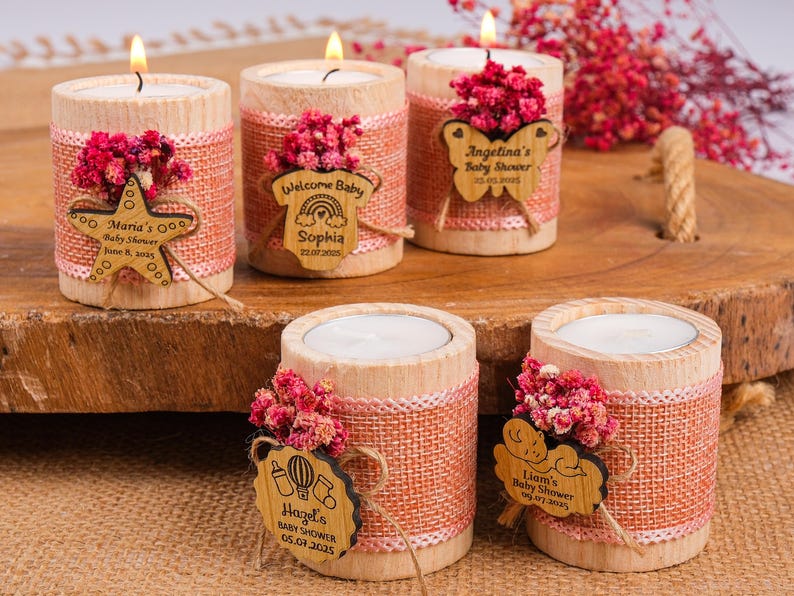 Baby Shower Favors, Handmade Wooden Candle Holder, Personalized Tealight Holder, 1st Birthday Favors, Baby Girl, Baby Boy, Baby in Bloom