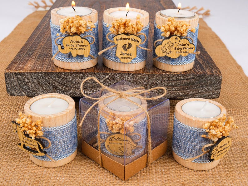 Baby Shower Favors, Wooden Candle Holder, Baby Shower Decor, Tealight Holder, Custom Candle Favor, Baby in Bloom, Baby Boy, Birthday Favors