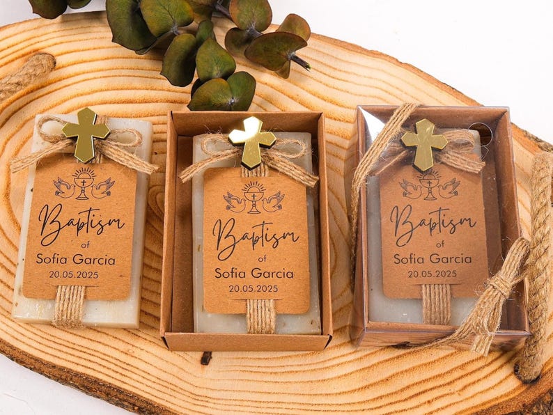 These beautiful handmade scented soap favors are a thoughtful gift for your special occasion. Ideal for baptisms, confirmations, christenings, first holy communions, quinceanera, sweet 16 or religious celebrations, each soap comes with a kraft paper tag customized with your guest of honor’s name, event date, and a personal message.

Each favor is topped with a rustic jute twine bow and a delicate charm, creating a charming and elegant presentation. Soaps are available in various scent-colors.