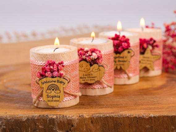 Baby Shower Favors, Handmade Wooden Candle Holder, Personalized Tealight Holder, 1st Birthday Favors, Baby Girl, Baby Boy, Baby in Bloom