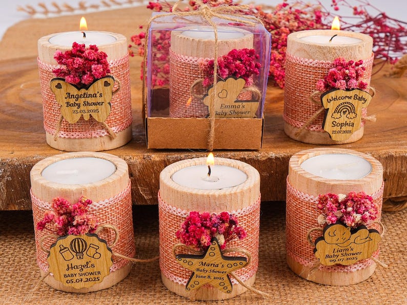 Baby Shower Favors, Handmade Wooden Candle Holder, Personalized Tealight Holder, 1st Birthday Favors, Baby Girl, Baby Boy, Baby in Bloom